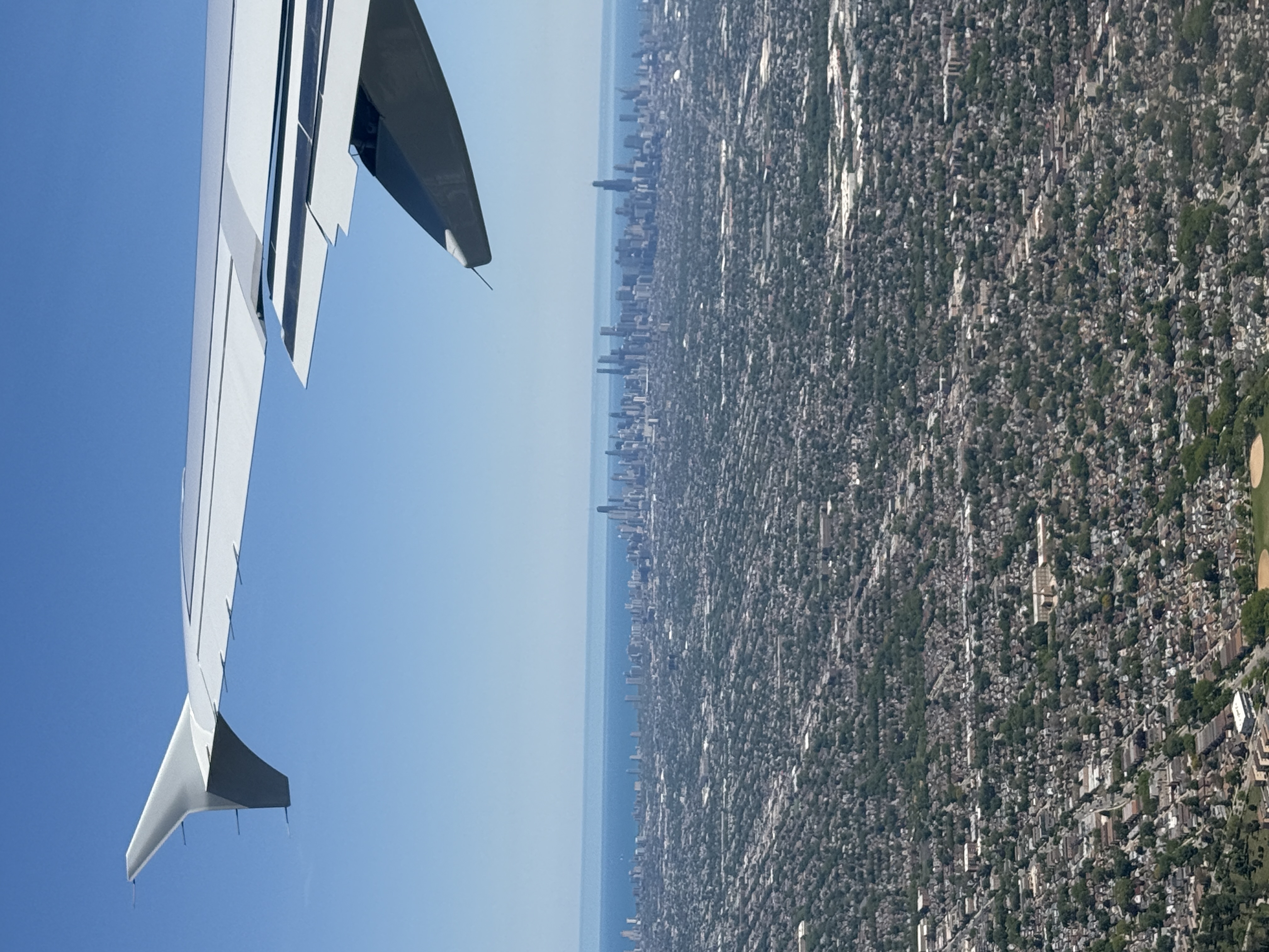 Chicago skyline and Lake Michigan seen from an arriving airplane